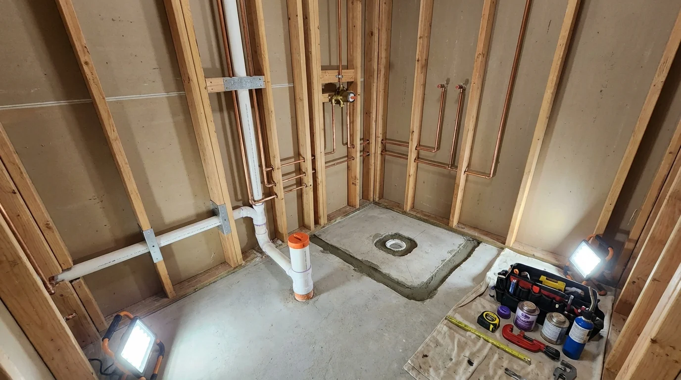 Bathroom rough-in plumbing during remodel by Johns Plumbing LLC in Ukiah